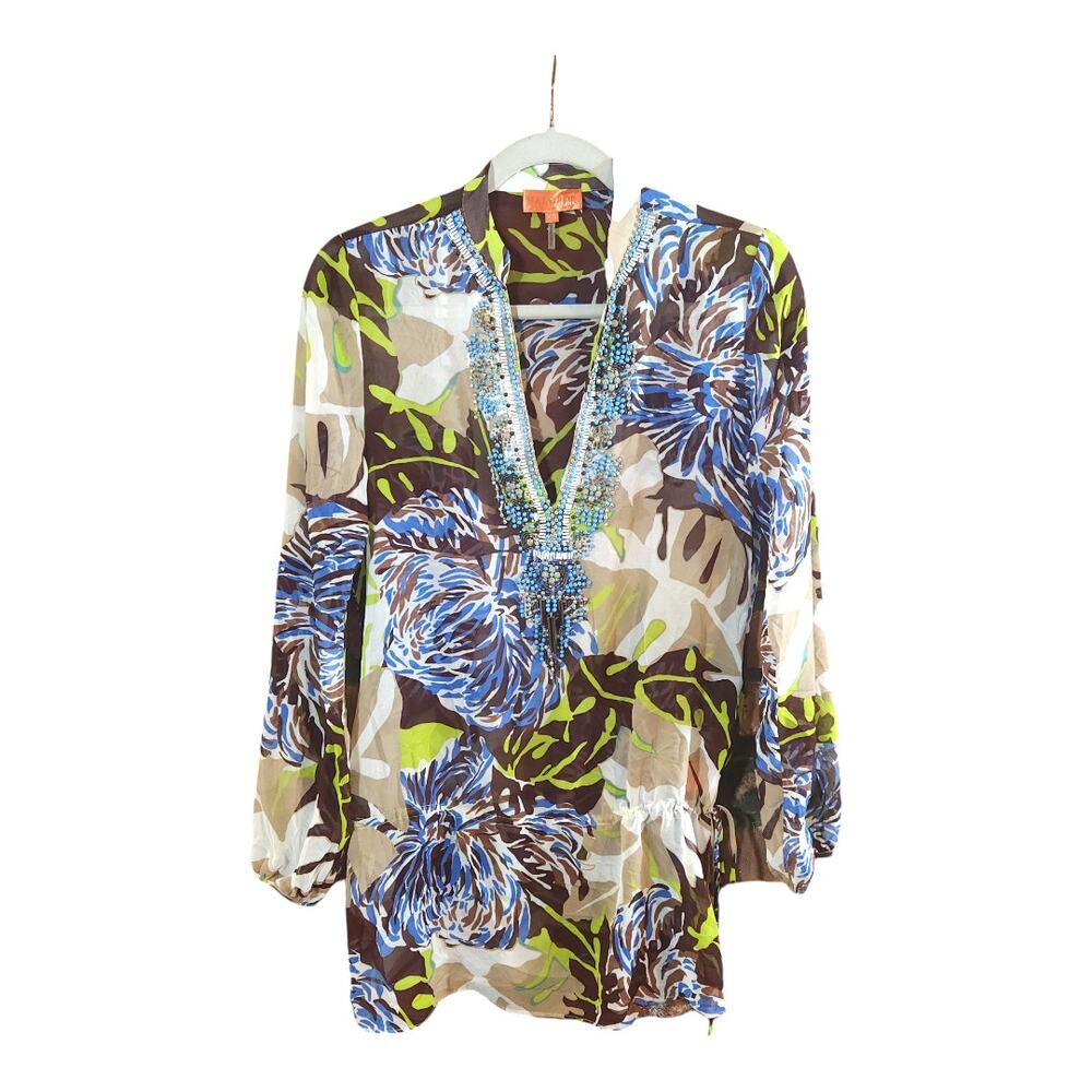 Hale Bob Cabana Beaded Sheer Drop Waist Tunic Cover-up Resort Wear Women's XS